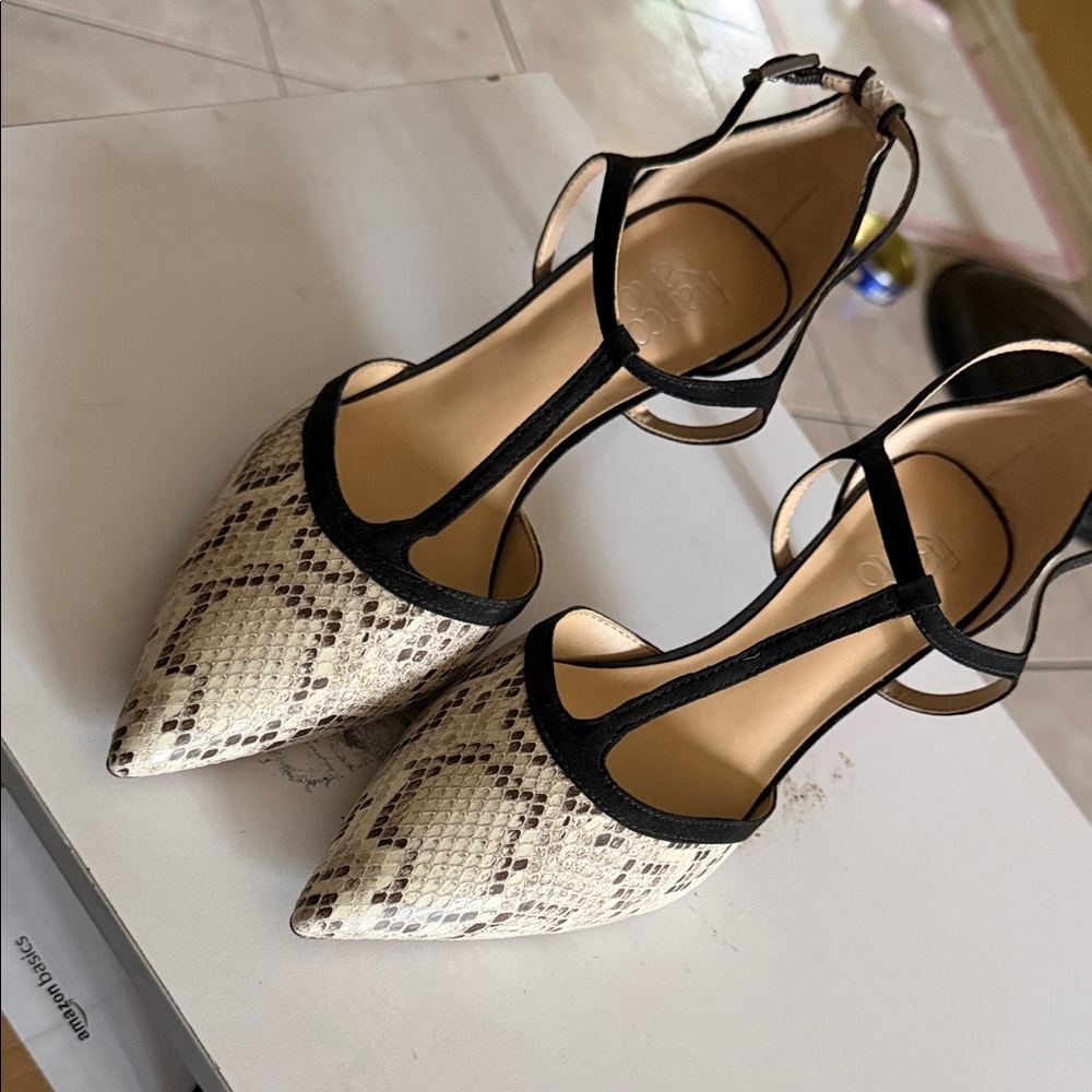 Snake-Print Pointed Toe T-Strap Heels in Cream and Black